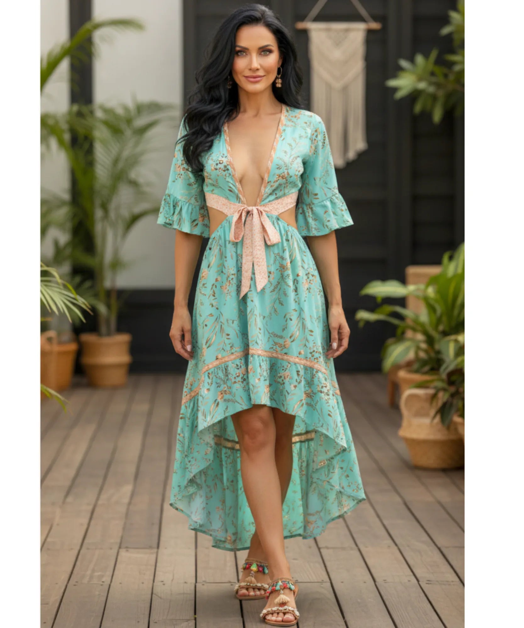 Vestido Boho Florido Midi Feminino Manga Curta Decote V Viscose Casual barato em promoção ZARA
