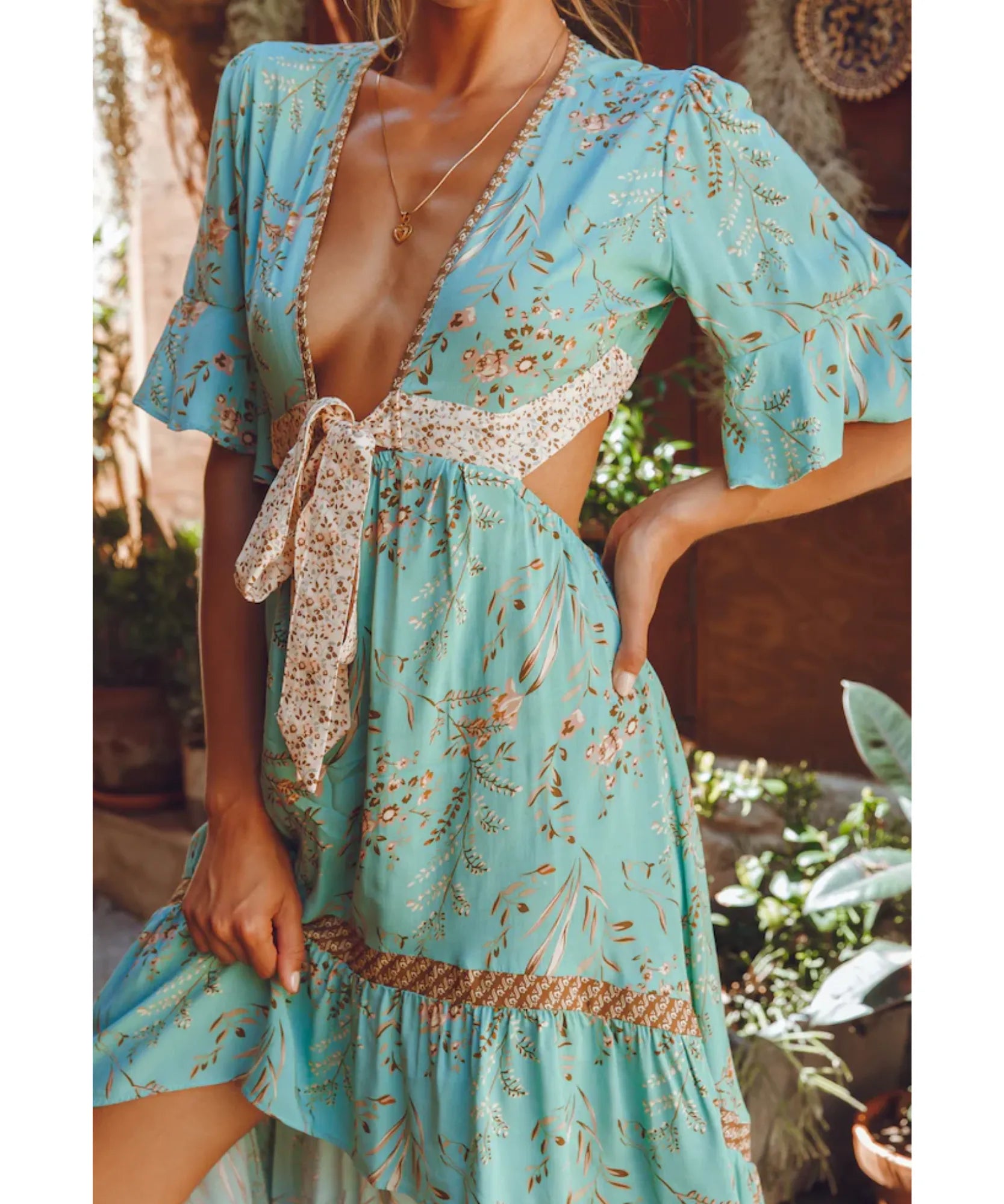 Vestido Boho Florido Midi Feminino Manga Curta Decote V Viscose Casual barato em promoção ZARA
