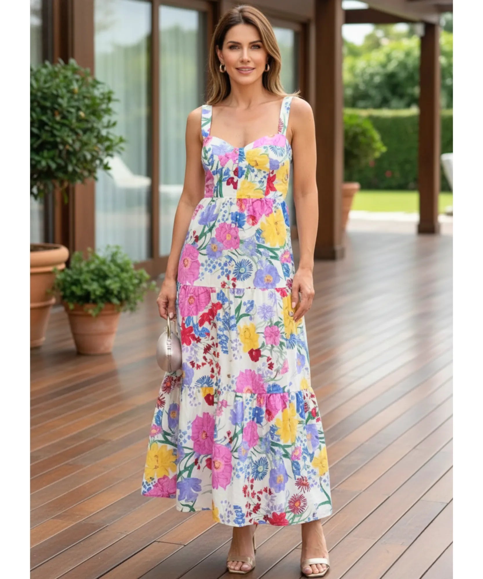 Comprar vestido boho midi feminino florido estampado com camadas e alças ajustáveis para verão barato em promoção ZARA
