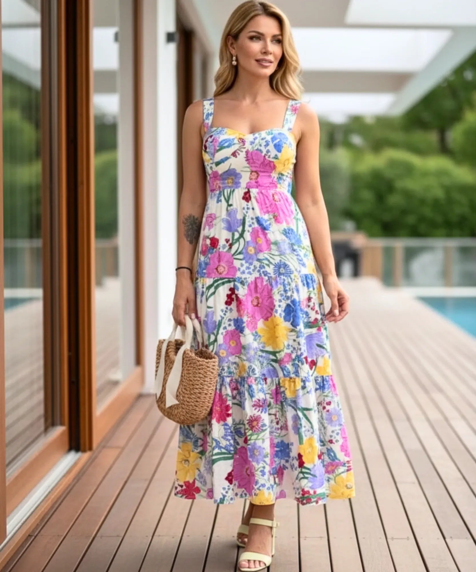 Comprar vestido boho midi feminino florido estampado com camadas e alças ajustáveis para verão barato em promoção ZARA
