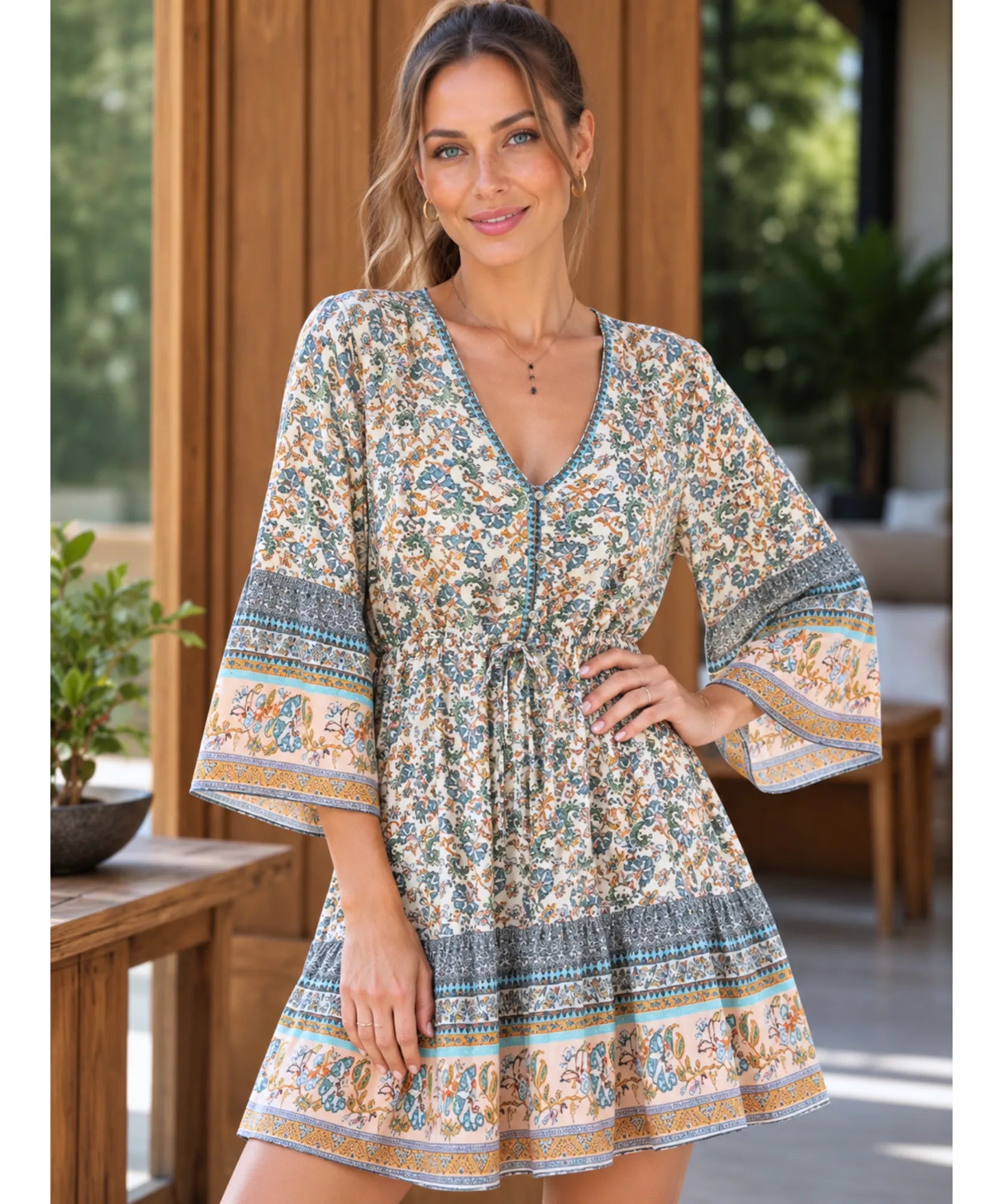 Ivory paisley print boho mini dress with bell sleeves, front view