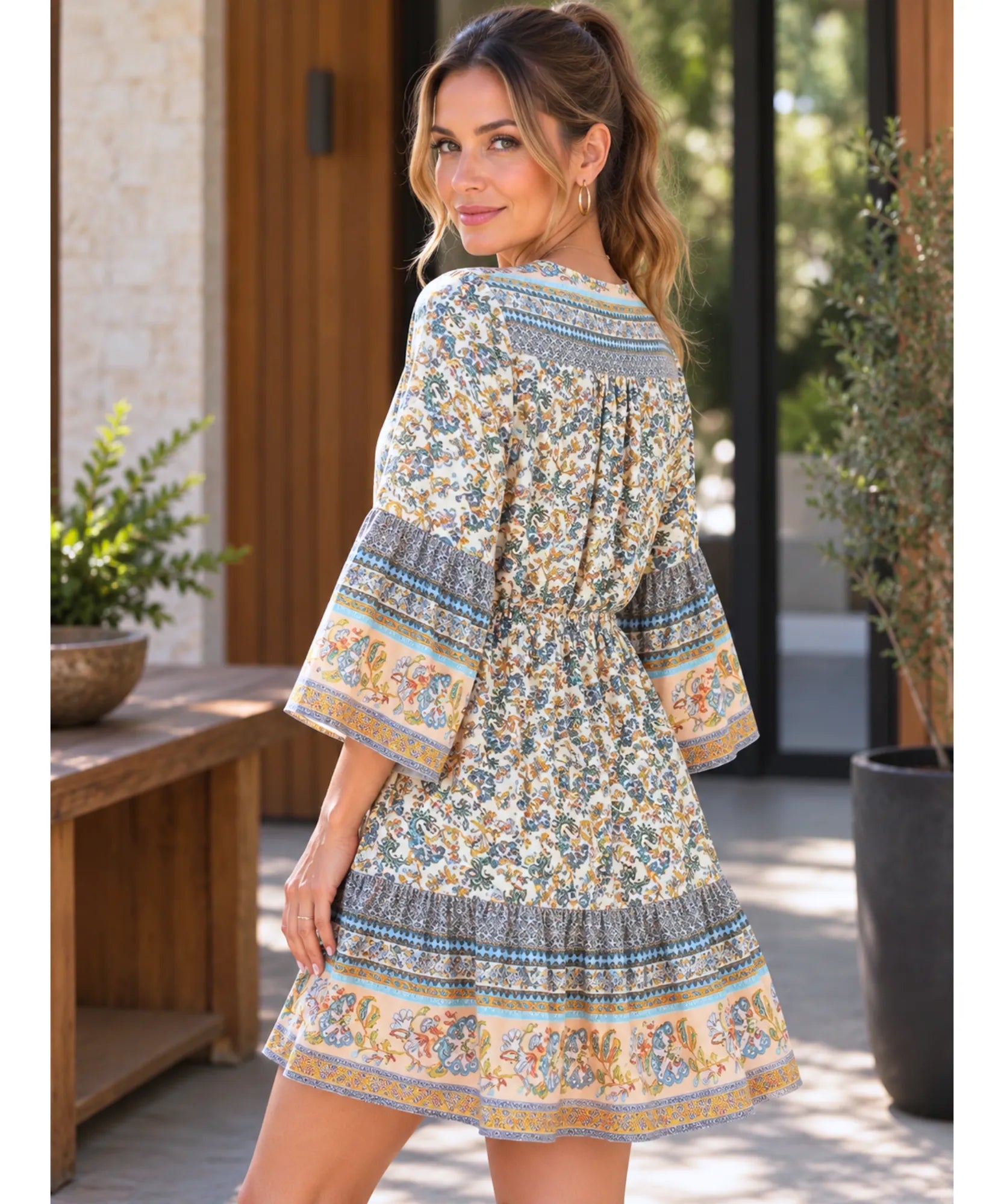 Ivory paisley print boho mini dress, back view