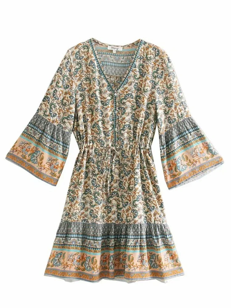 Ivory boho mini dress, fabric and print detail