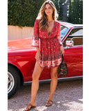 Red paisley print boho mini dress, full-length view