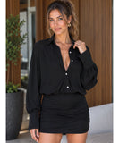 Black mini shirt dress with long sleeves, front view