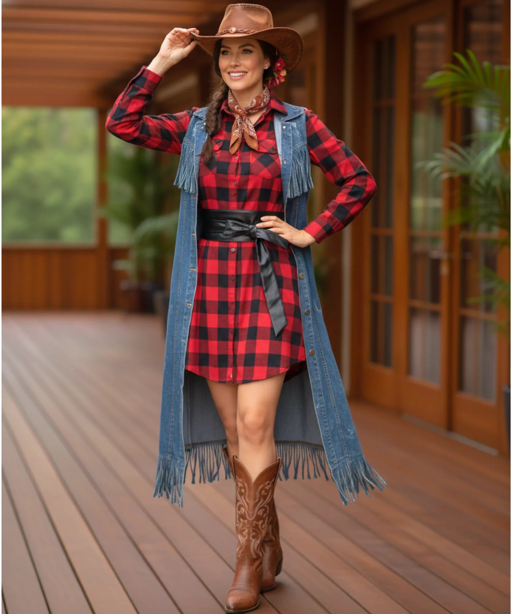 Comprar vestido country festa junina curto com faixa na cintura e saia assimétrica em flanela barato ANELLIMN