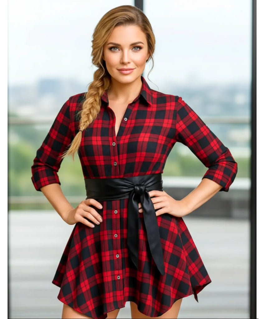 Women's Plaid Shirt Dress Tie Waist and Asymmetric Skirt – Anellace