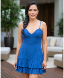 Women's eyelet mini dress in cobalt blue, back view