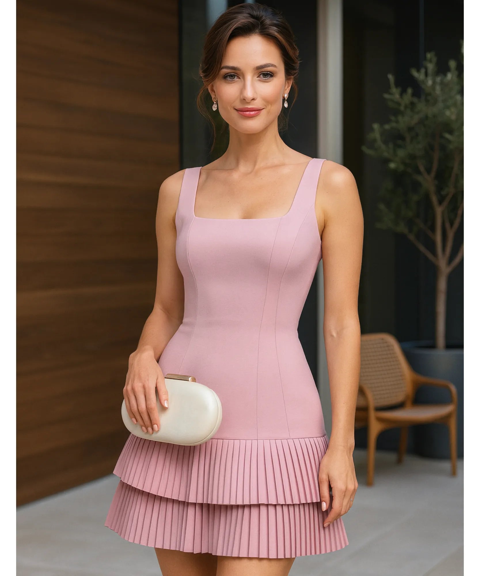 Women's tiered ruffle mini dress in pink, side view