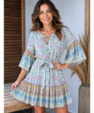 Blue boho floral mini dress with bell sleeves, front view
