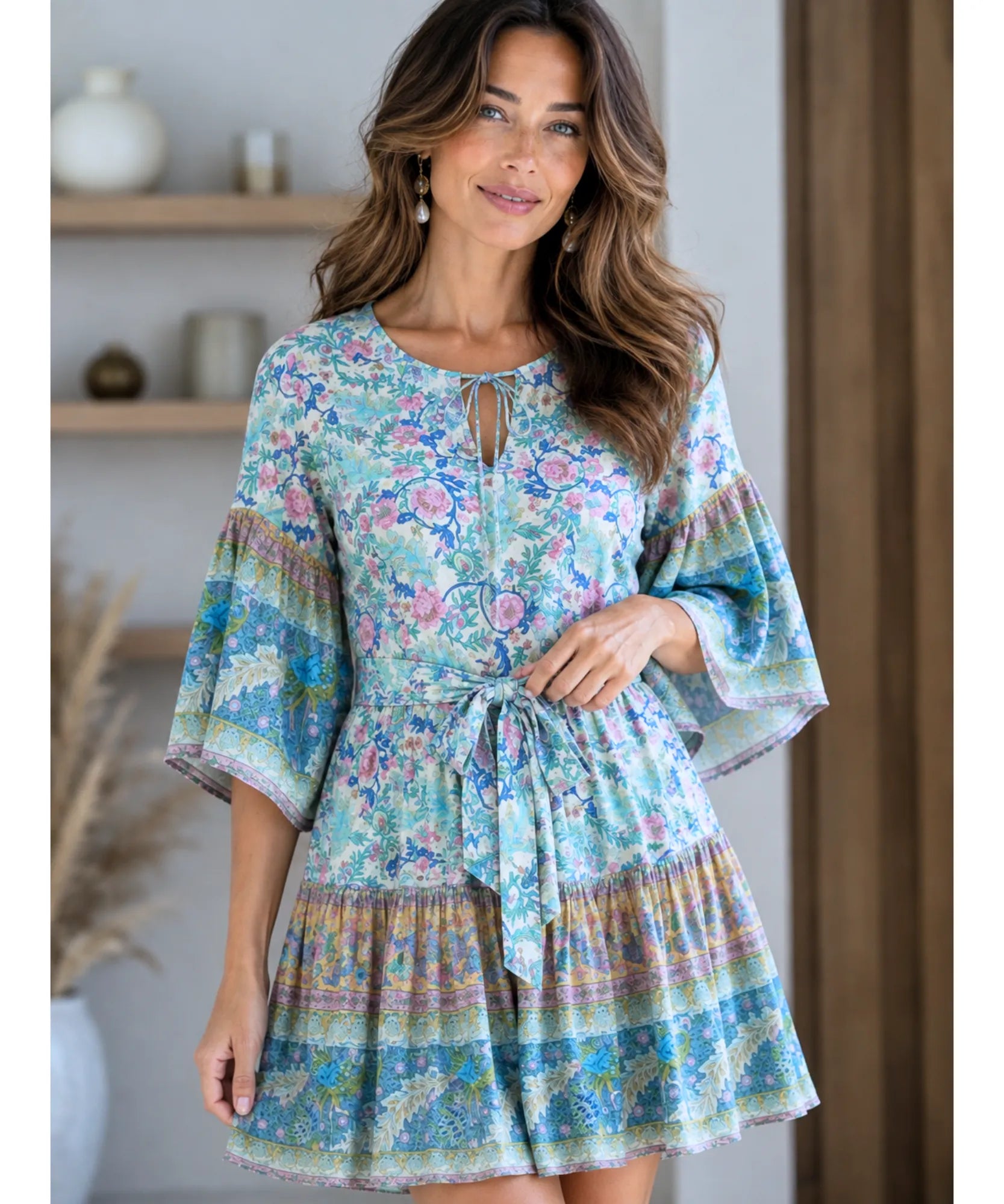 Blue paisley mini dress with tie sash, styled look