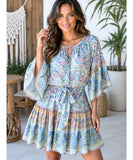 Blue floral mini dress with bell sleeves and ruffle hem