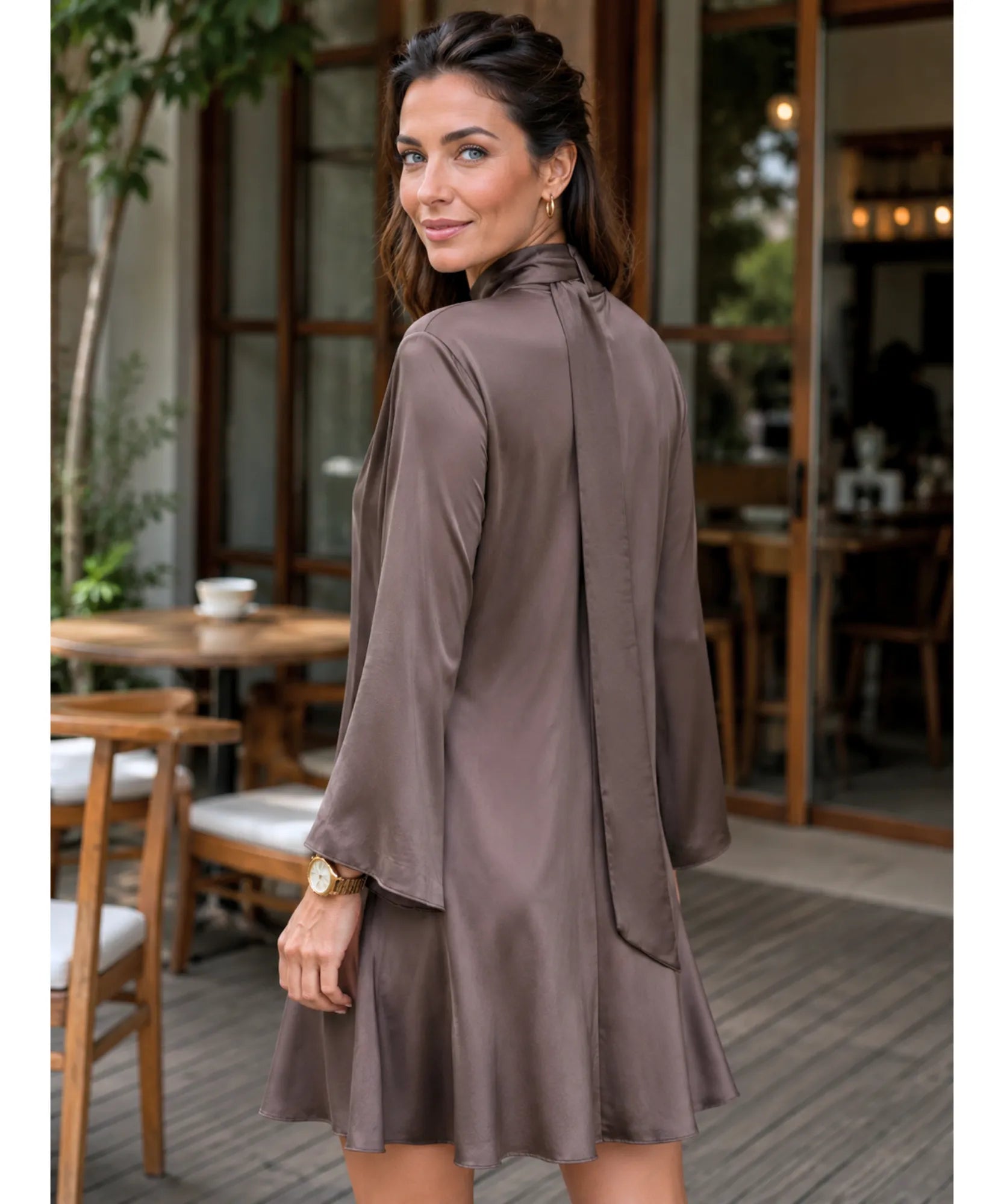 Taupe satin mini dress with long sleeves, back view with scarf