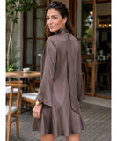 Taupe satin mini dress with long sleeves, back view with scarf