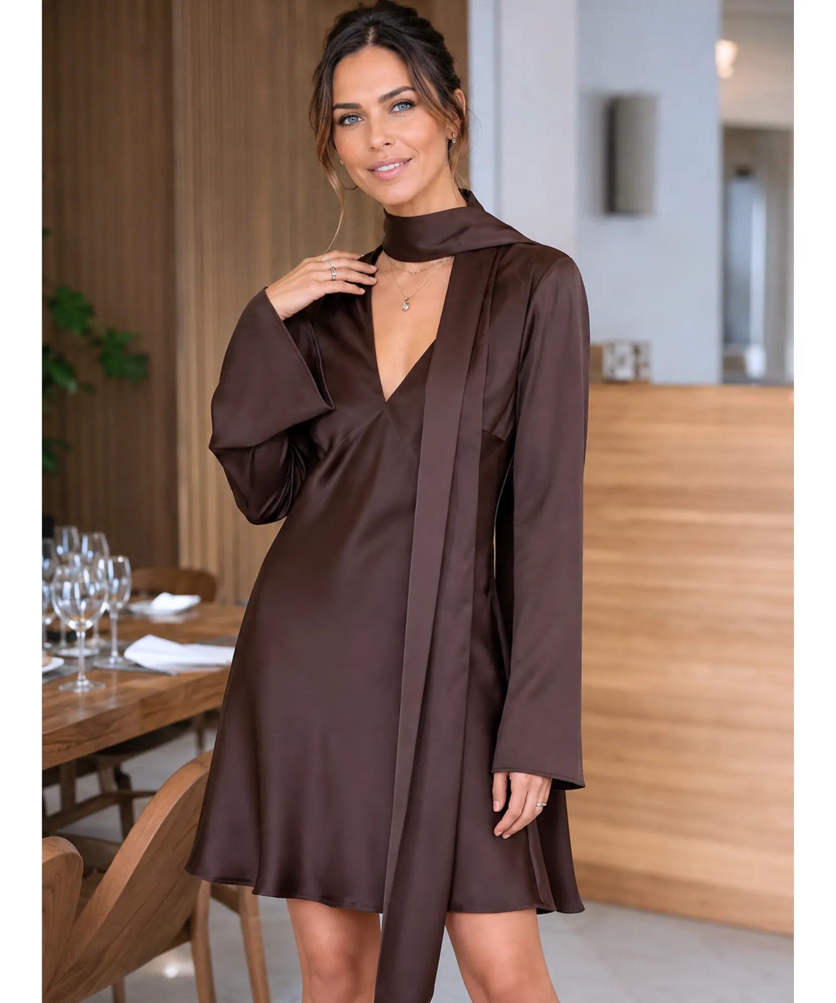 Mocha satin mini dress with long sleeves, front view