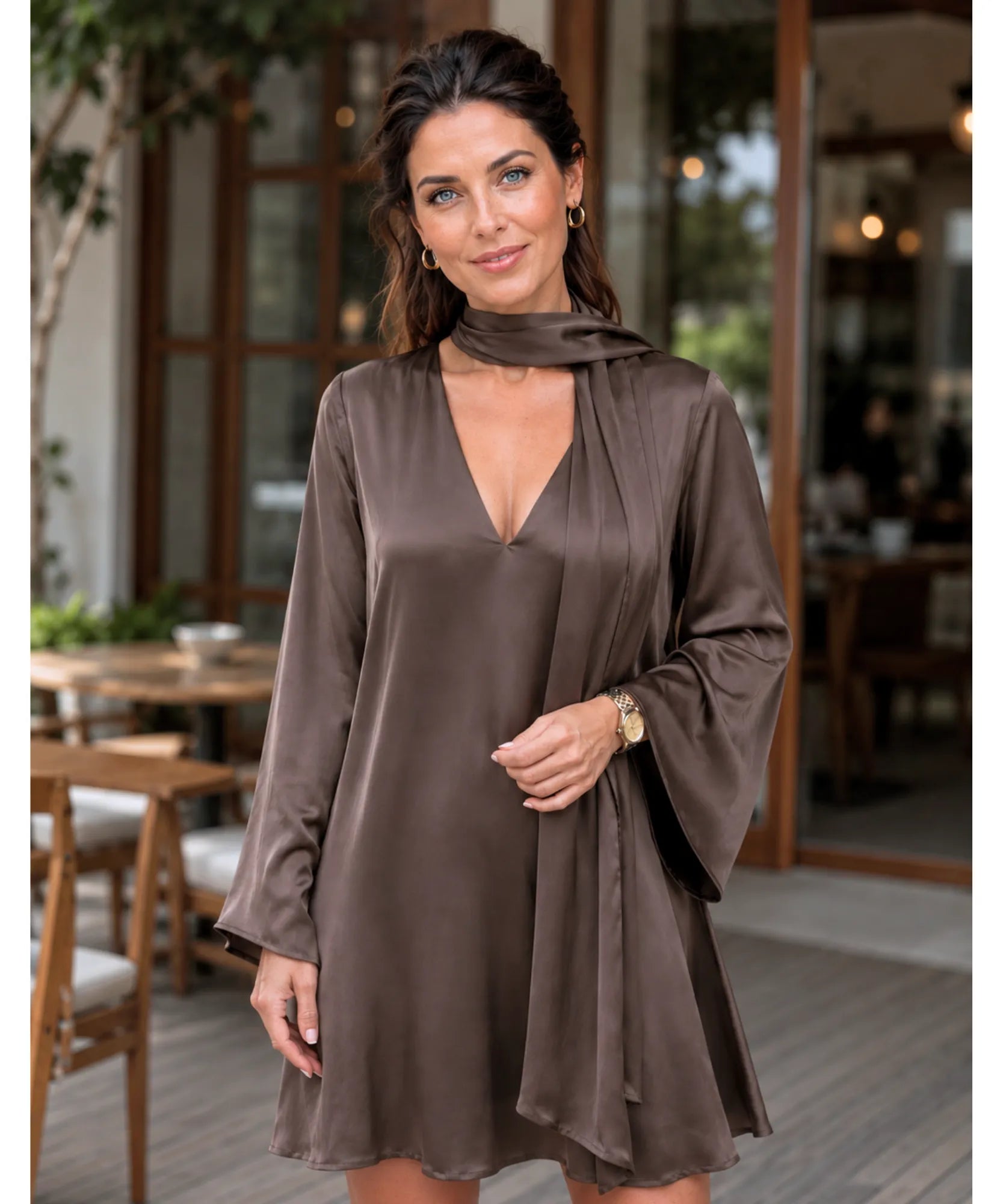 Mocha satin mini dress with long sleeves and scarf, full-length front view