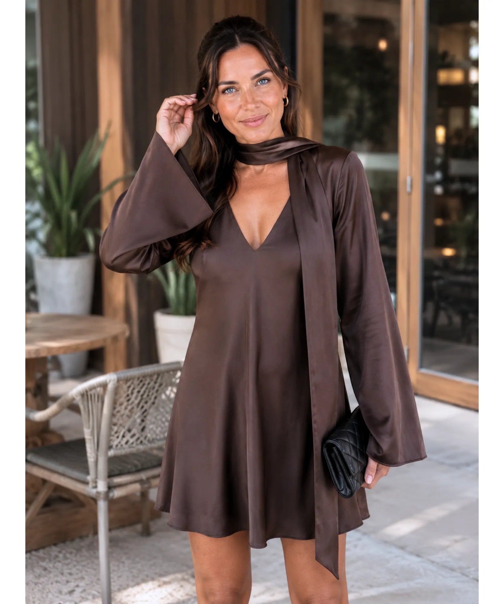 Mocha satin mini dress, V-neck and scarf detail