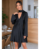 Black satin mini dress with V-neck and scarf, front view