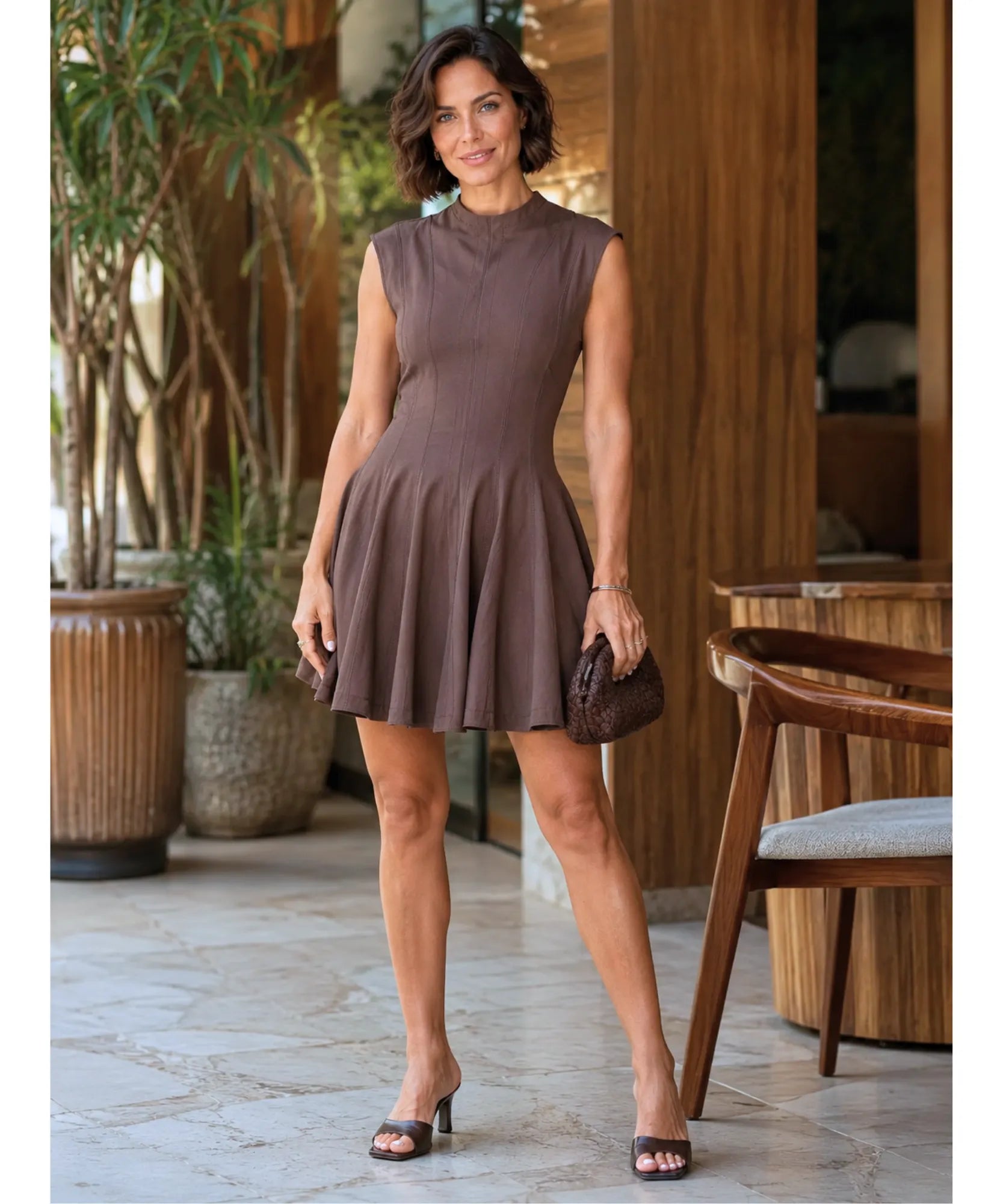 Mocha fit and flare mini dress, skirt detail