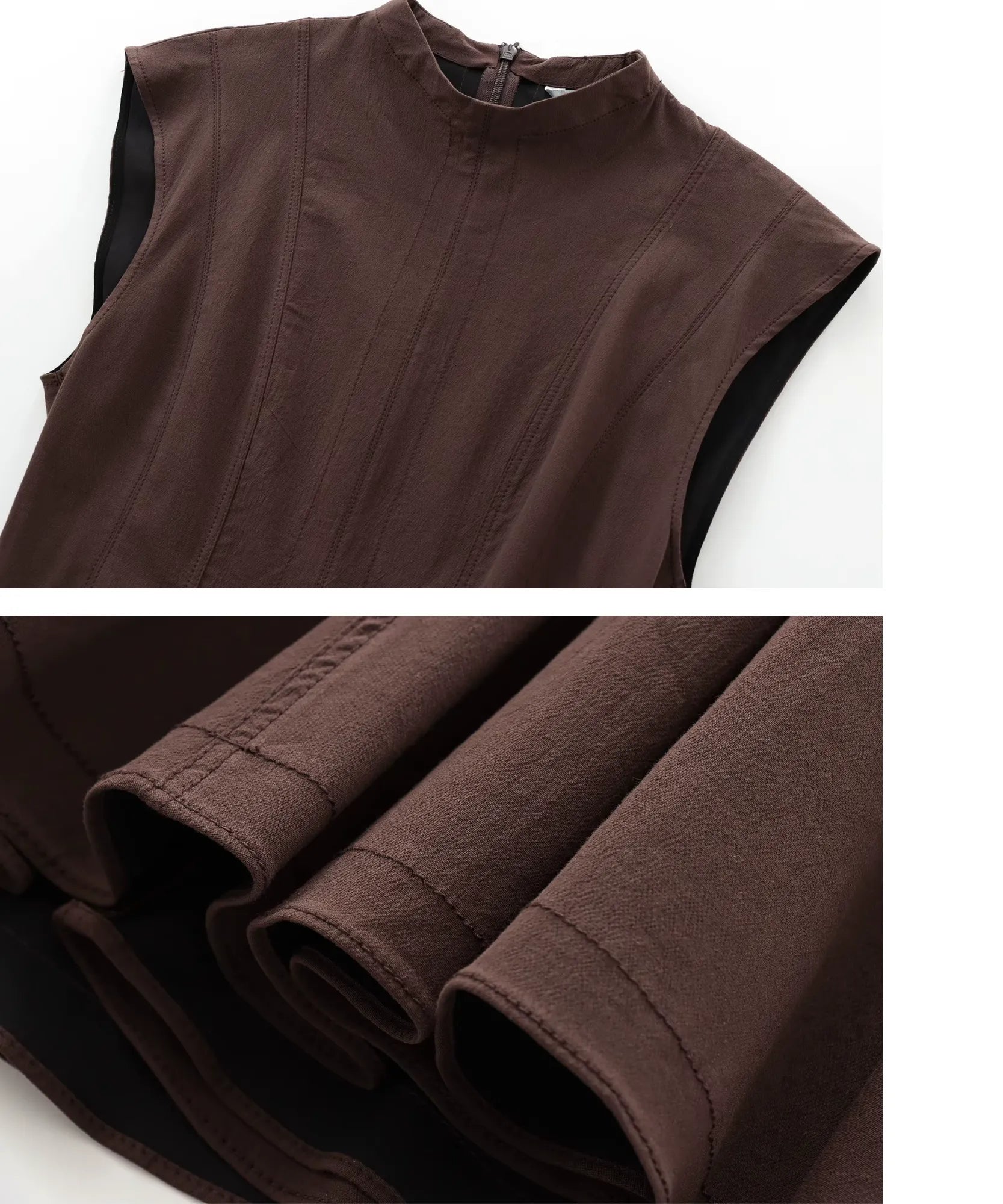 Mocha fit and flare mini dress with hidden zipper, back view