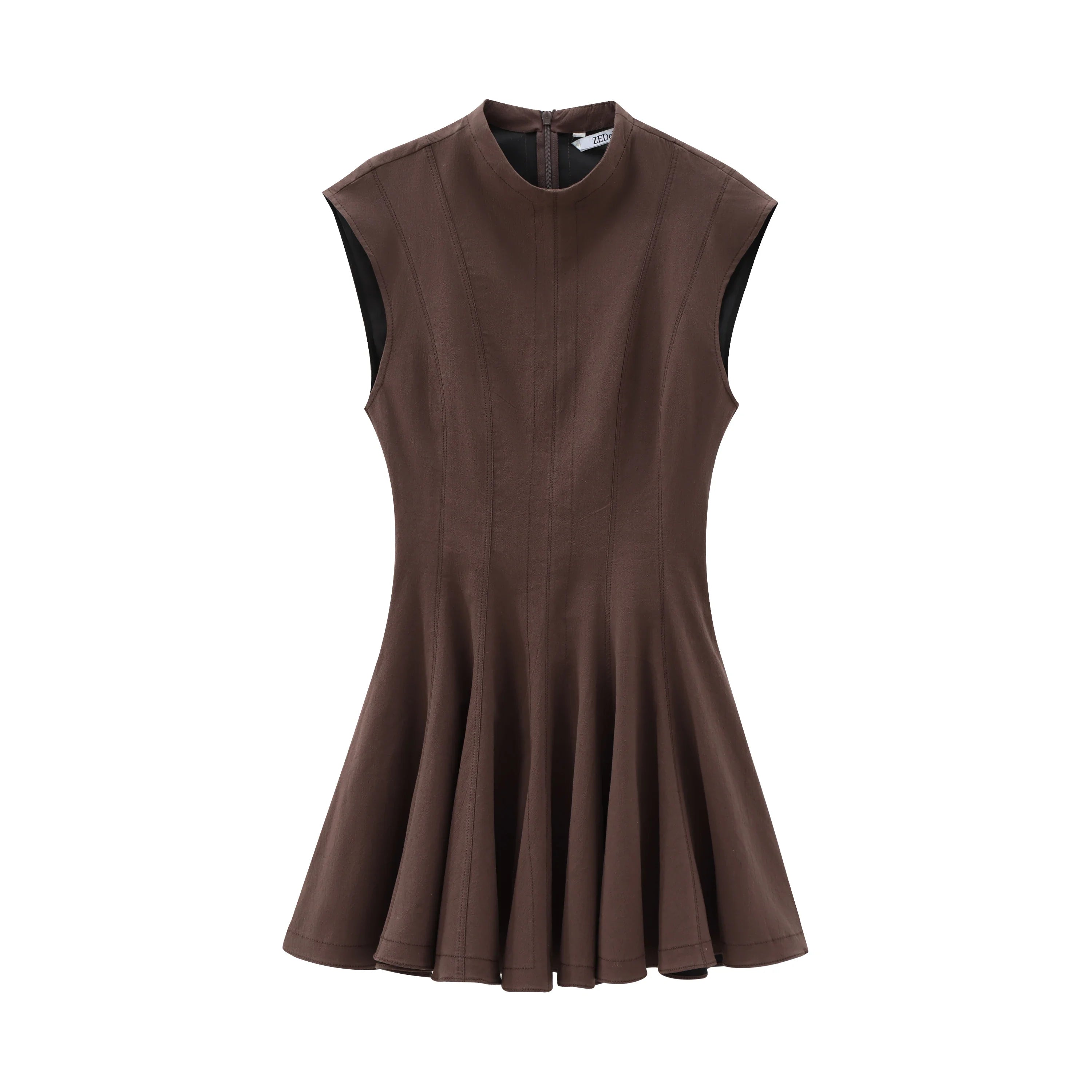 Mocha fit and flare mini dress, neckline detail