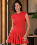 Red fit and flare mini dress with high neck, front view
