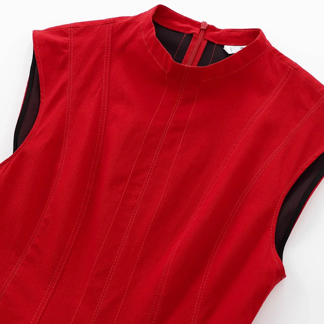 Red fit and flare mini dress, side view