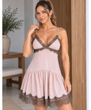 Pink lace trim mini dress with spaghetti straps, front view