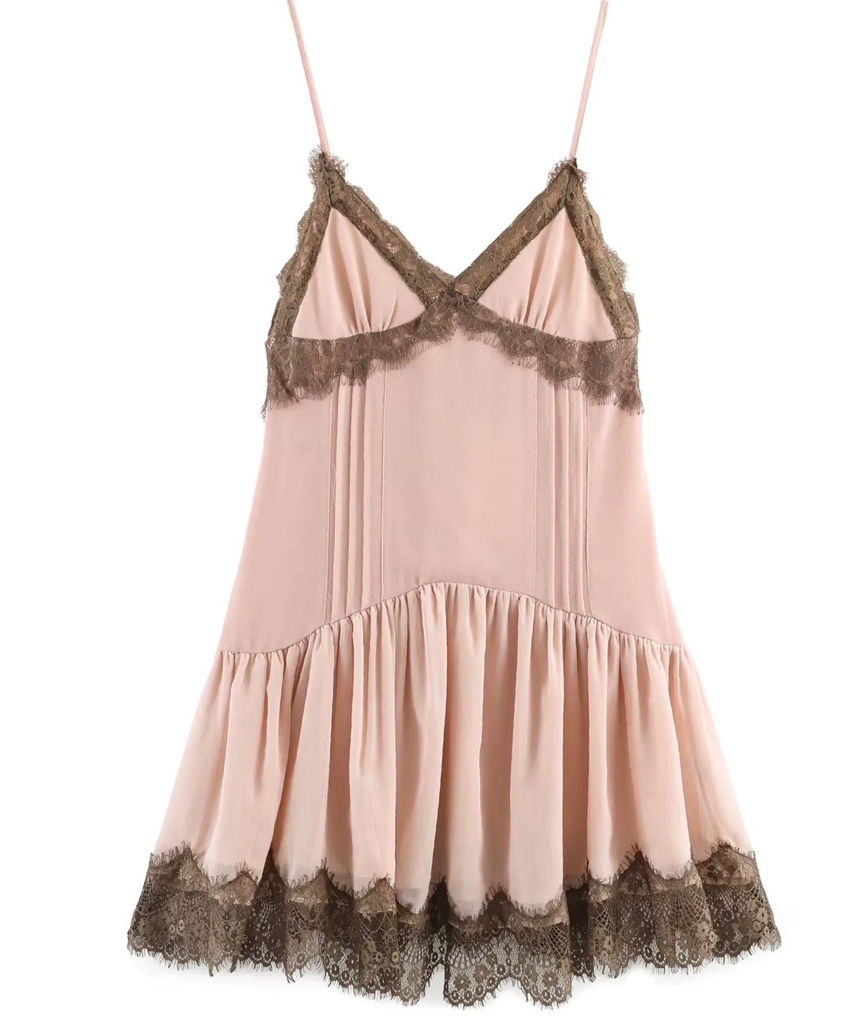 Pink mini dress with lace hem, fabric detail