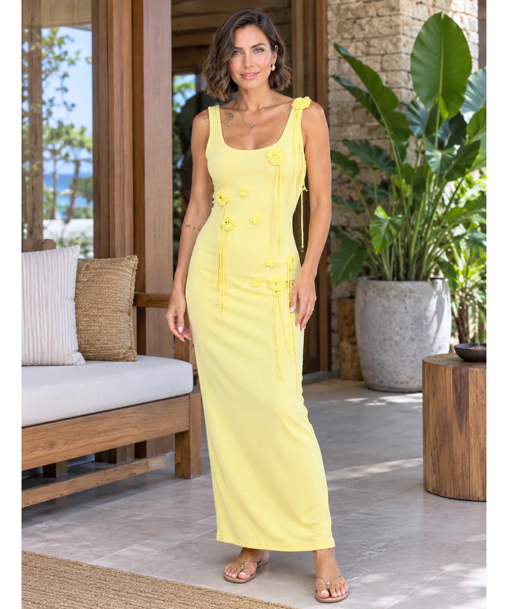 Yellow ribbed knit maxi dress with 3D flowers, front view