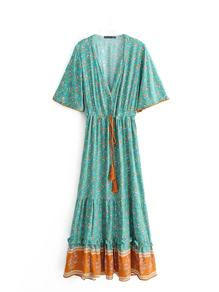 Turquoise boho maxi dress, full-length view on model