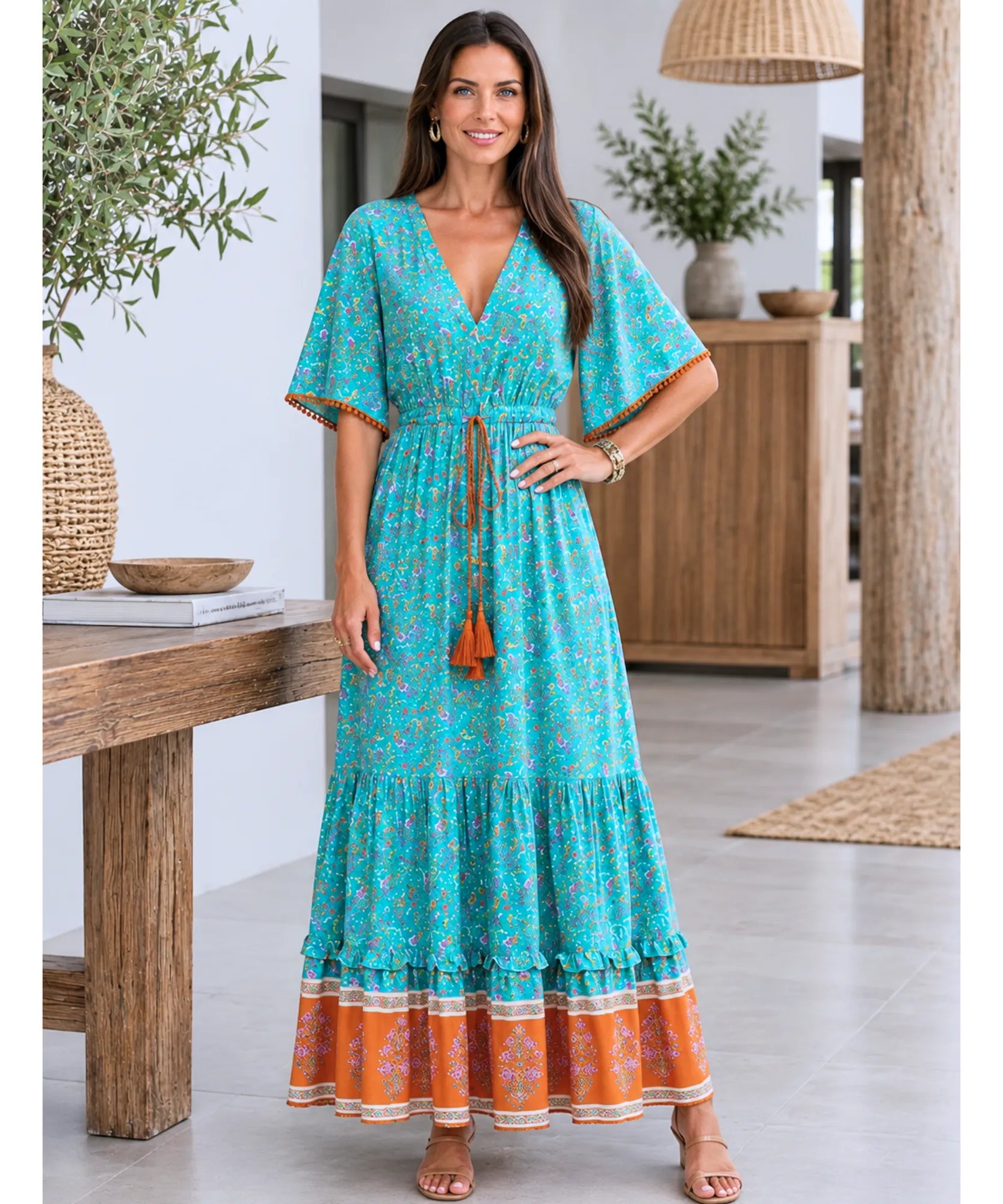 Turquoise beach maxi dress with loose fit, standing view