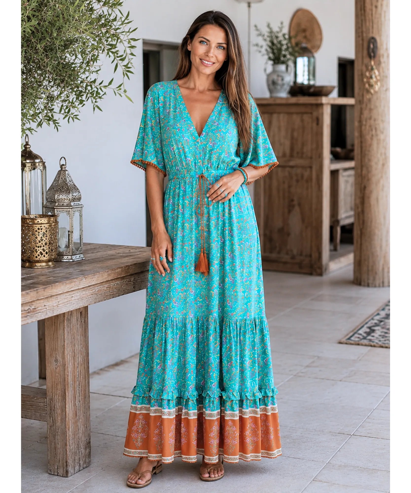 Turquoise boho maxi dress with V-neck and orange border
