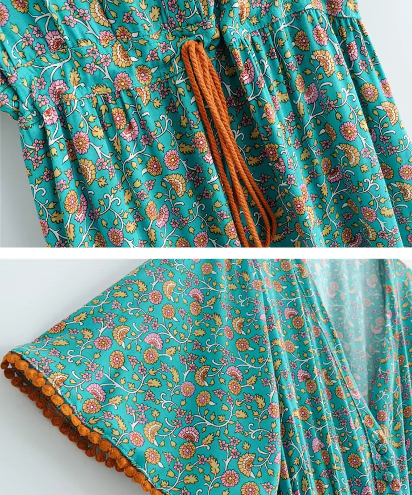 Boho maxi dress fringe tie and border detail in turquoise