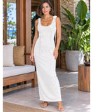 White ribbed knit maxi dress with 3D flowers, front view