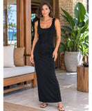 Black ribbed knit maxi dress with 3D flowers, front view