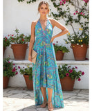 Women's boho halter maxi dress in blue print, front view