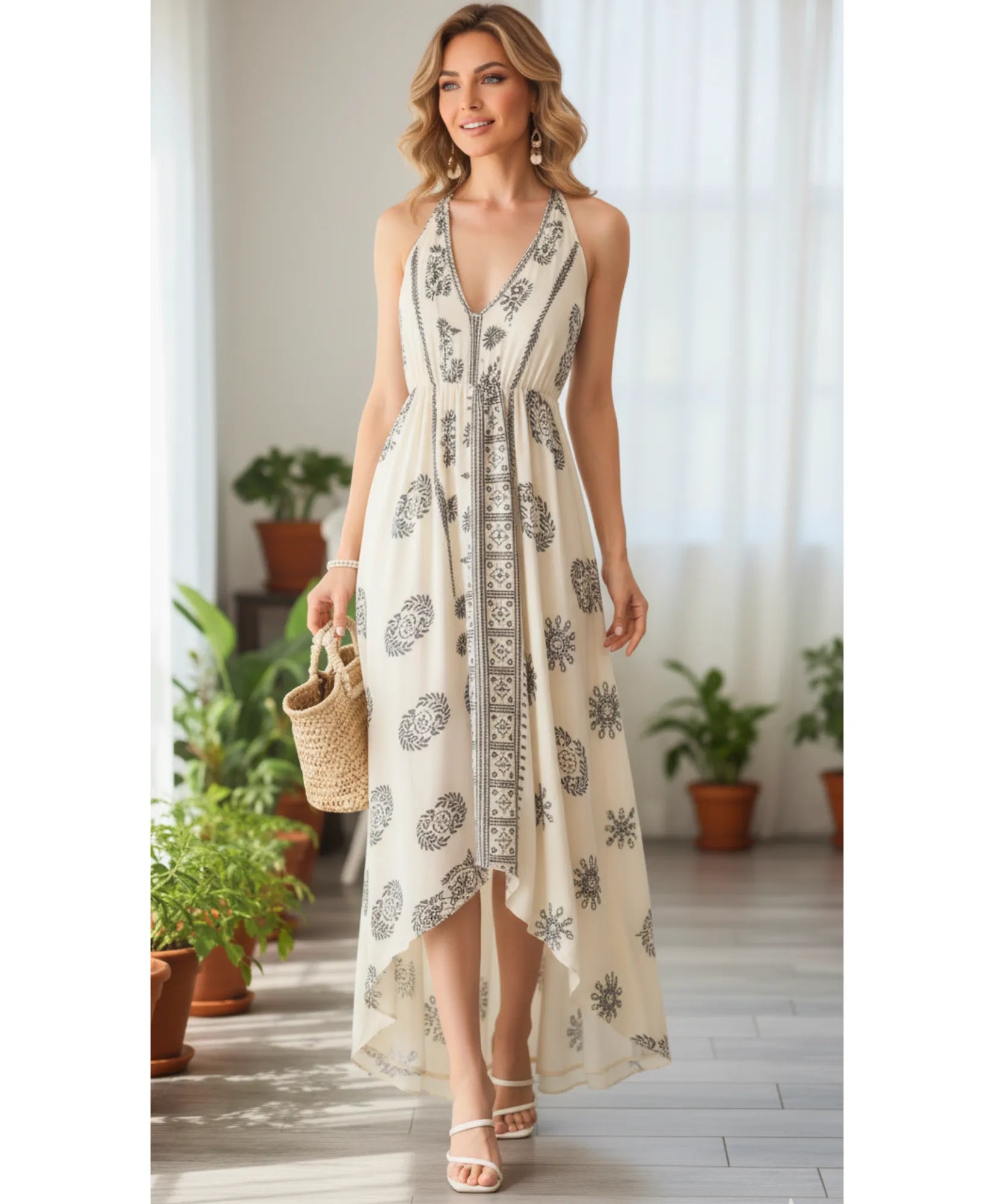 Women's boho halter maxi dress in white print, close up of neckline