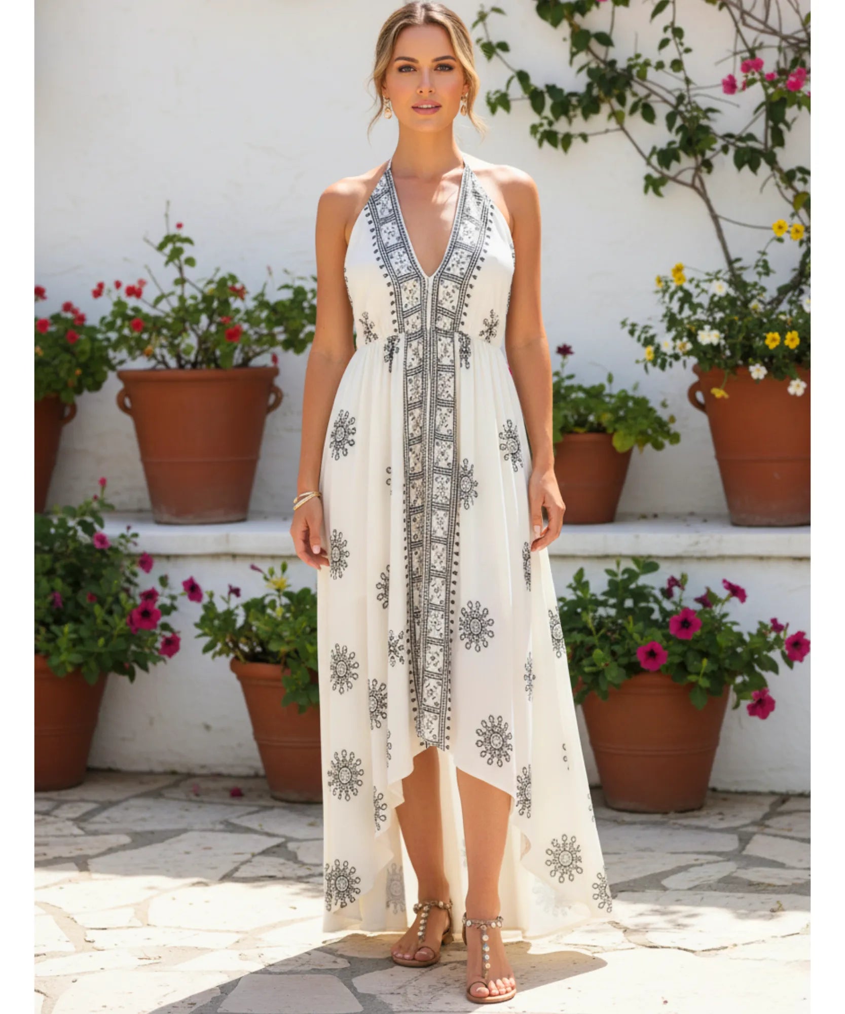 Women's boho halter maxi dress in white print, front view