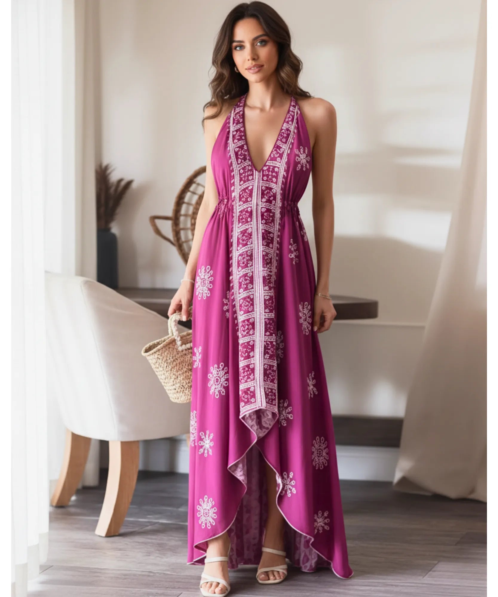Women's boho halter maxi dress in pink print, front view