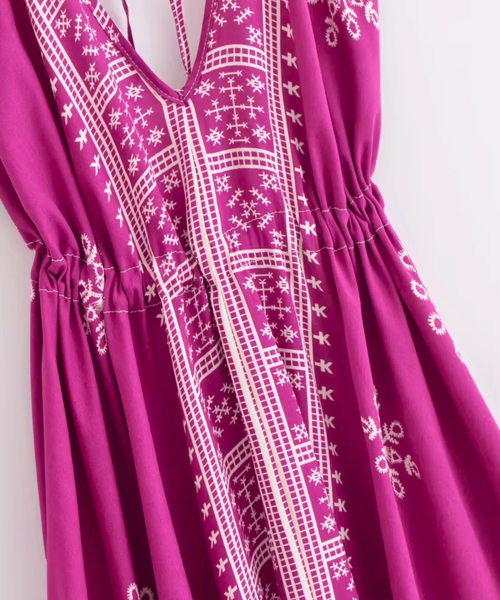 Women's boho halter maxi dress in pink print, back view