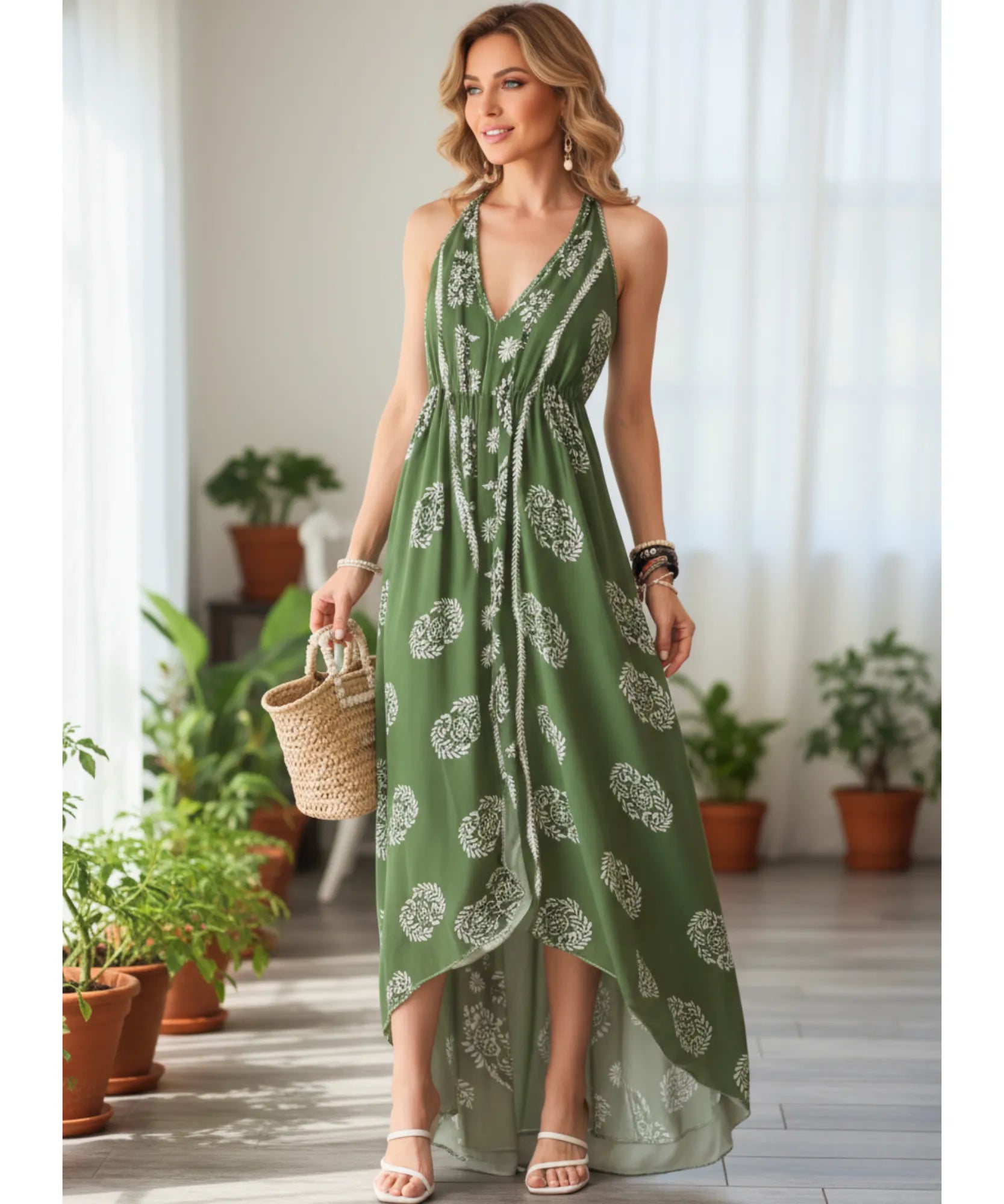 Women's boho halter maxi dress in green print, close up