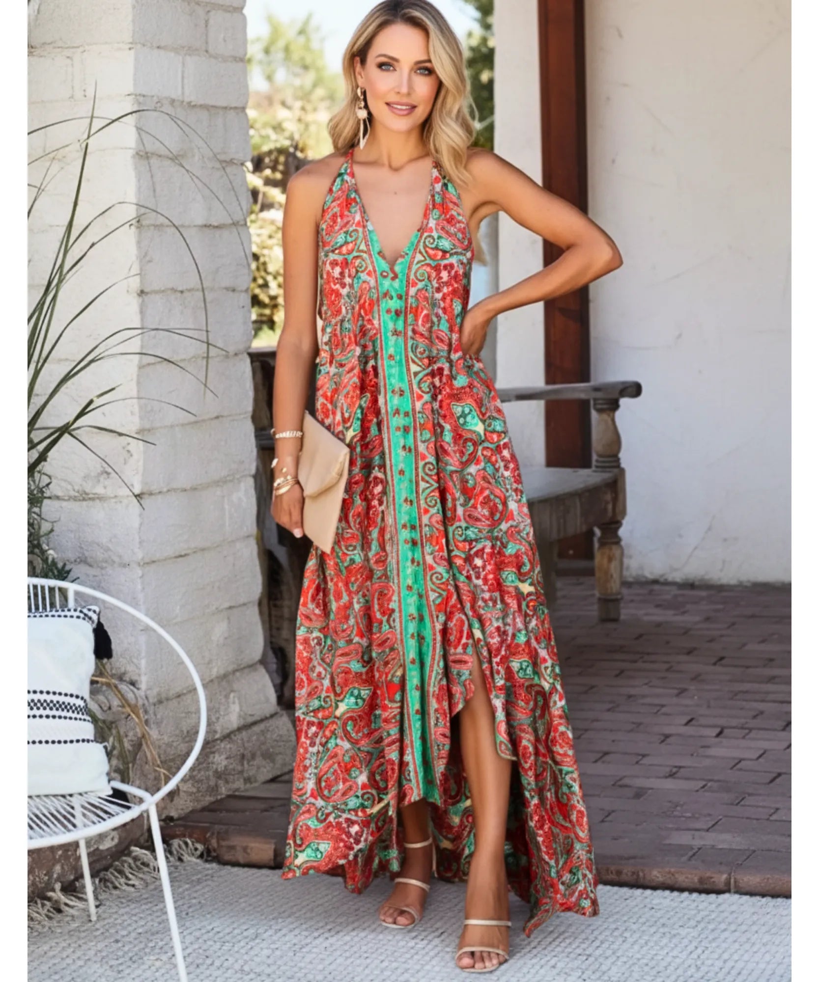 Women's boho halter maxi dress in red print, fabric detail
