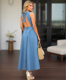 Comprar vestido jeans feminino midi regata com amarração casual confortável em promoção ZARA