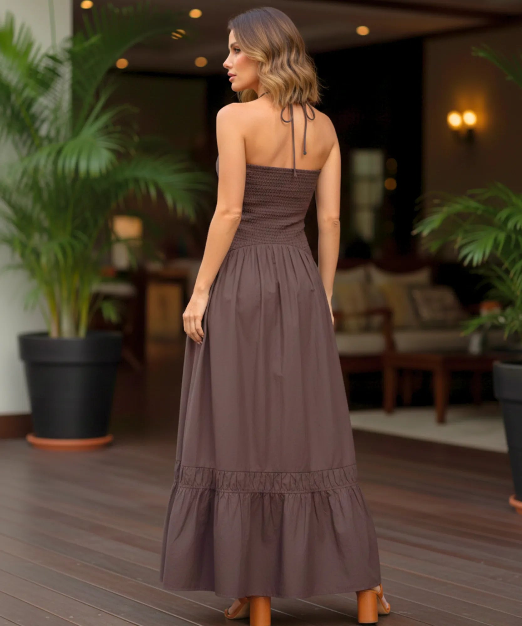 Comprar vestido longo boho feminino halter marrom com franzido babados elegante verão festa barato promoção ZARA
