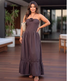 Comprar vestido longo boho feminino halter marrom com franzido babados elegante verão festa barato promoção ZARA
