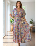 Comprar vestido longo boho feminino de viscose estampado com mangas morcego e amarração lateral barato ANELLIMN