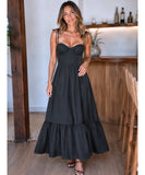 White bustier maxi dress with thin tie straps, full-length front view