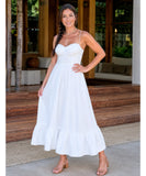 White bustier maxi dress with tie straps, full-length view