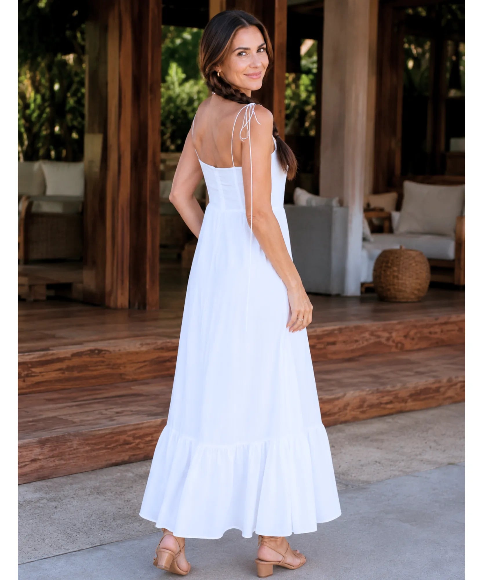 White bustier maxi dress, flowing skirt detail